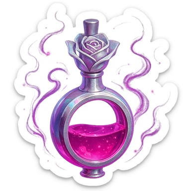 prabangus eliksyro buteliukas, rožės žiedo forma, sodri rožinė spalva, sidabrinės ir holografinės detalės, maksimaliai ryškūs magiški efektai, labai mažas kaklelis, vientisas dugnas, buteliukas plūduriuoja ore, be pagrindo ar šešėlio, modernus, kolekcijai tinkamas sticker