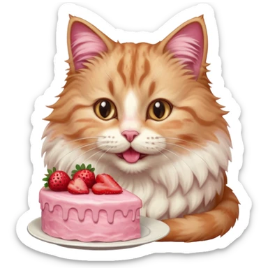 Close-up portrait of a fluffy cat eating a strawberry cake, pink cream on its nose and whiskers, detailed fur texture, soft natural light, shallow depth of field, high resolution, cute and candid moment
, sticker