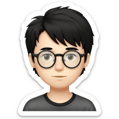 pale skin, black shaggy hair boy, big glasses that's tip on his nose and teenager  sticker