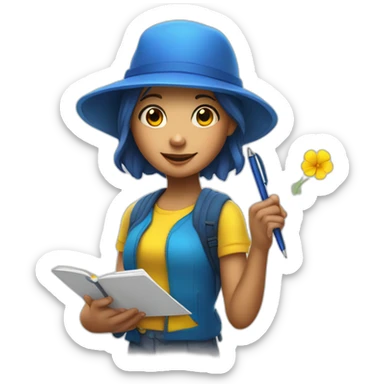 a girl in a blue hat with a yellow mallow holds a pen and a notebook in her hand sticker