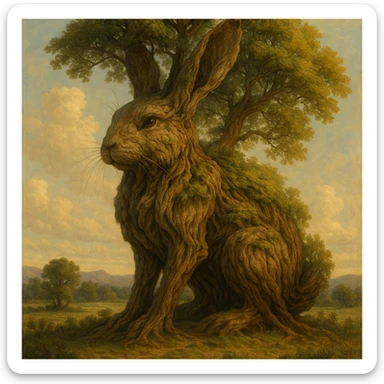 a very large tree shaped like a giant rabbit, blending natural tree features with the form of a rabbit, highly detailed, realistic, fantasy art sticker
