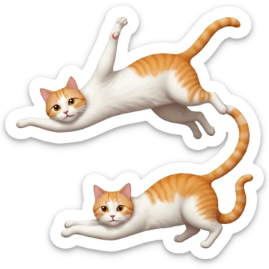 ginger and white cat with orange eyes doing a big extremely long stretch reaching up into the air with arms and legs side by side together straight and overextended whilst lying on its side sticker
