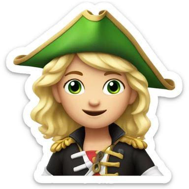 Female kid pirate, green eyed, blonde hair, dressed with pirate clothes, pixar style, 4k, smiling, with parrot on shoulder sticker