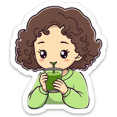 curly haired girl drinking matcha, cartoonish sticker style sticker