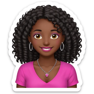 Dark skin girl with long black curly hair with 4 edges 2 on each side wearing a hot pink v-cut neckline shirt with a simple silver necklace sticker