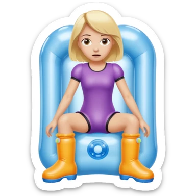 chica rubia con cara de miedo con unas botas  de presoterapia inflables sticker