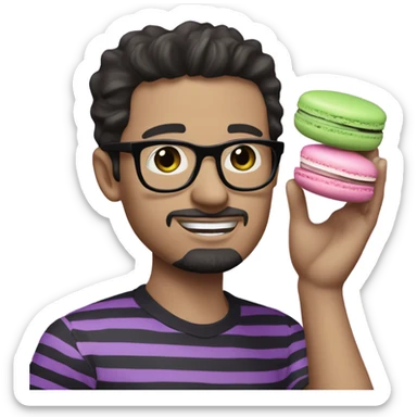 A white man with dark hair, black eyeglasses, and a thin, horizontal striped shirt in shades of purple, black, and light green holds a macaron in the palm of his hand. sticker