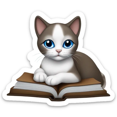 Snowshoe cat with blue eyes, darker face, full body laying on an open Bible sticker