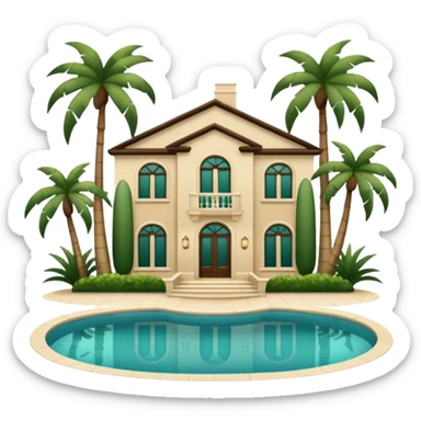 light beige luxurious villa with swimming pool and dark green palm trees, emoji style sticker