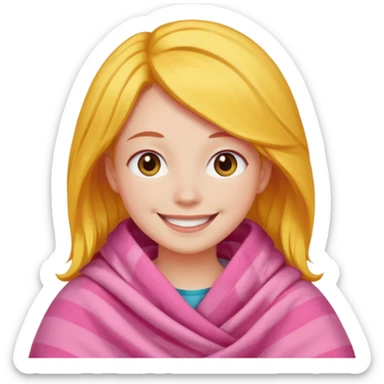 happy smile emoji red cheeks in pink blanket dark yellow hair sticker