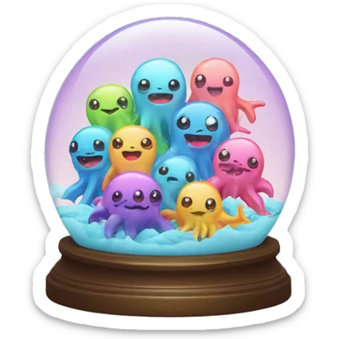 Kawaii rainbow pastel family of sea monsters in neon snow globe  sticker