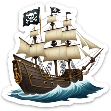 An icon representing an adventure game, inspired by high-seas exploration. The design features a fearless pirate gripping the wheel of a grand sailing ship, its tattered Jolly Roger flag billowing as it cuts through stormy waters. The scene evokes danger, treasure, and the thrill of the open sea. Transparent background. sticker