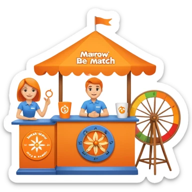 emoji of a recruitment booth. Two cartoon figures stand behind an orange colored table with 'MARROW, be a match' branding, a colorful spinning wheel, and a branded vertical banner. Simplified and cute. sticker