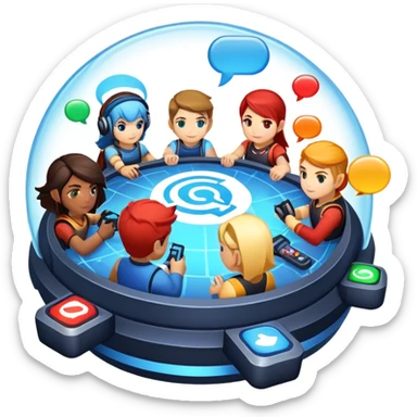 An icon representing multiplayer gaming, featuring a digital arena where diverse characters compete or cooperate. Avatars, chat bubbles, and team icons symbolize online interaction. A game HUD displays player stats, emphasizing teamwork and rivalry. Transparent background. sticker
