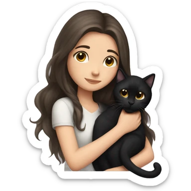 brunette girl with long hair snuggling black cat sticker