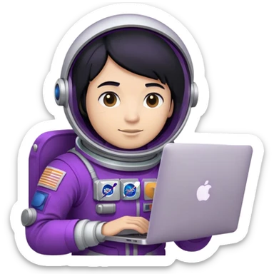 astronaut with purple suit, black hair and a macbook sticker