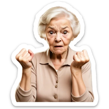 Cartoon style, a close-up shot focusing on the angry elderly neighbor, her face scrunched up in irritation, with one hand gesturing wildly and the other clenched in a fist, shaking it threateningly, her eyes narrowed and her expression exaggerated for comedic effect, the background slightly blurred but still showing hints of the chaotic scene from before, with a few items scattered on the ground, the overall tone is humorous and over-the-top, capturing the essence of a grumpy yet endearing character, DSLR, 50mm focal length, high saturation, animated film aesthetic, exaggerated and comical close-up, Pixar-inspired, animated film look. sticker