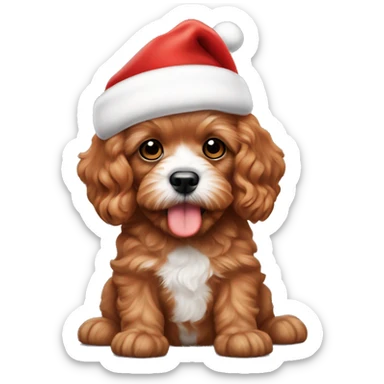 All red cavapoo puppy with no white and a Santa hat sticker