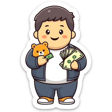 A chubby kid with black bear, holding money smiling and a mask on his chin  sticker