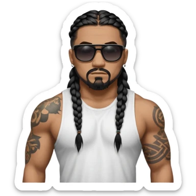 Samoan male. Chin goatee.
Untucked loose fitting white t-shirt. 
long black braided hair.
very muscular.
More tattoos. 
Tough and menacing.
Dark black square sunglasses. sticker