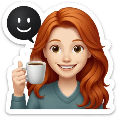 Excited long haired redhead drinking coffee with a sign in front saying GTSY sticker