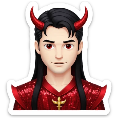 Lucifer from The Bible with long black hair, dark red sequin outfit sticker