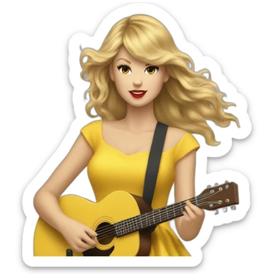 Taylor swift with a yellow dress and hair in the wind playing guitar sticker