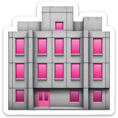 Gray concrete brutalist architecture with a single bright pink window and multiple regular windows sticker