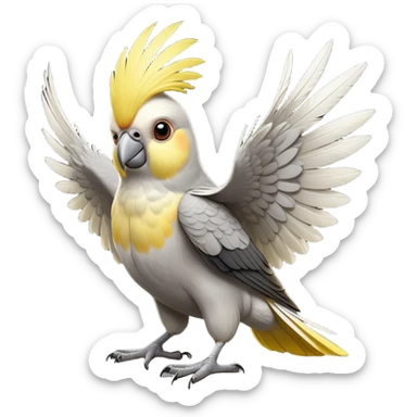cinematic-[cockatiel]-realistic-full-body-perched-emoji,-wings-tucked-neatly,-head-tilted-dramatically,-sleek-[yellow and grey]-feathers,-simplified-yet-realistic-focused-features,-highly-detailed,-glowing-with-an-almost-sarcastic-glow sticker