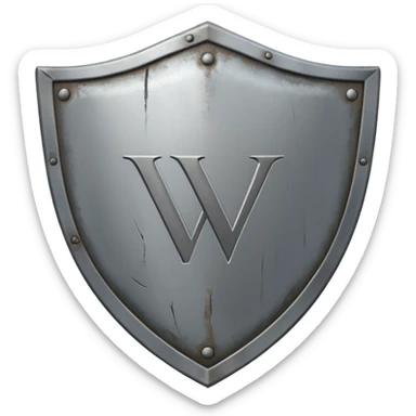 a steel shield with engraved roman letter NOVUS—looks battle worn sticker