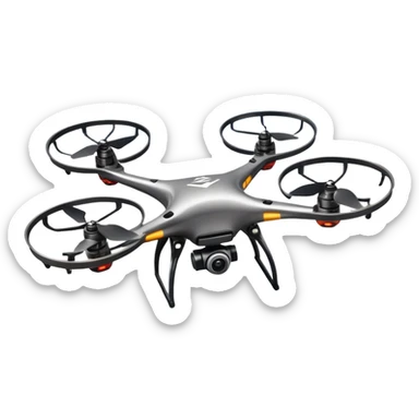 An icon showing a racing quadcopter drone in the foreground, flying at high speed through a course filled with obstacles and checkpoints. Other drones zoom in the background over a dynamic landscape. Transparent background highlights the thrill and precision of drone racing. sticker