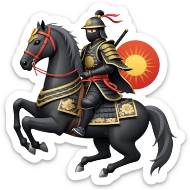 clash-of-clans-aesthetic_-cinematic-fearsome-and-majestic-samurai-bust-portrait-emoji, rendered in a flat, vector-style with minimal shading and bold, simplified shapes typical of emoji art, depicting a battle-hardened samurai with black mask and traditional black Japanese armor. The samurai is riding a noble grey warhorse adorned with an intricately designed saddle and fluttering banners and a rising sun. a zoomed insamurai riding on a  horse sticker