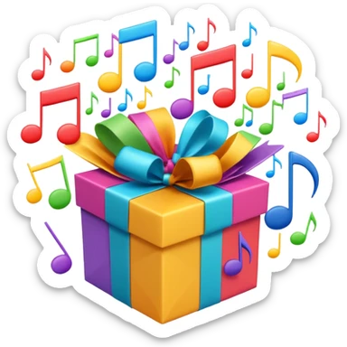 A wrapped gift box opening with colorful music notes flying out. the box is open  sticker
