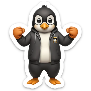 friendly anthropomorphised penguin wearing a mafia-style tracksuit, secretive scheming pose, angry expression, determined stride, holding a knuckle duster sticker