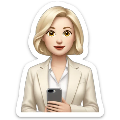 pale skin woman with ash blonde Straightened bob Hair, White Spacious classical jacket, beige palazzo Arrow pants and gray blouse holding white IPhone 15 pro in the hands sticker