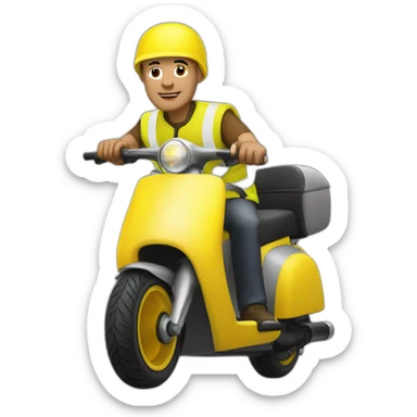 a bald man with a yellow safety vest and a yellow bicycle helmet on a scooter sticker