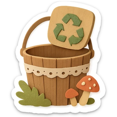 empty recycling bin rustic wooden pail with lace, moss, mushrooms, open and empty, no text, transparent background, cottagecore style sticker