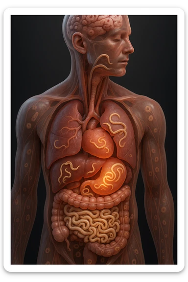 Vertical, hyper-realistic 3D cutaway illustration: the human body is shown in semi-transparent layers, exposing various types of parasites (tapeworms, roundworms, protozoa) inside the digestive tract and other organs. The parasites are rendered in vivid detail, with realistic lighting and shadows. Key areas of infection are highlighted sticker