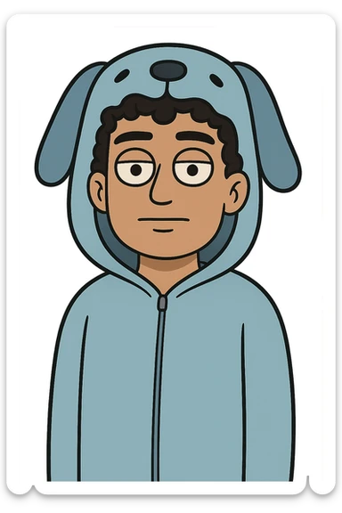 cartoon face of OMZ, blue dog onesie hood, curly black hair, brown eyes, same expression, same line style sticker