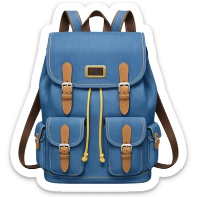 blue denim backpack with a flap top and one small buckle straps attached only on the flap, not connected to the front panel. No front pockets or vertical straps below the flap. Clean and minimal design with two side pockets. 



 sticker