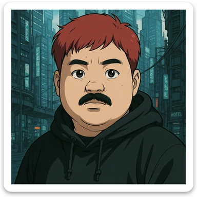 Asian man with a round face, black mustache, red hair, black hoodie, Ghost in the Shell-inspired anime style, large expressive eyes, futuristic city background, high detail sticker