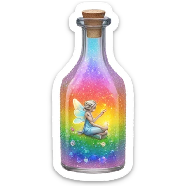Antique oil bottle made of crystal glass of all delicate colors of the light rainbow, a living flower fairy sits at the bottom of the bottle sticker