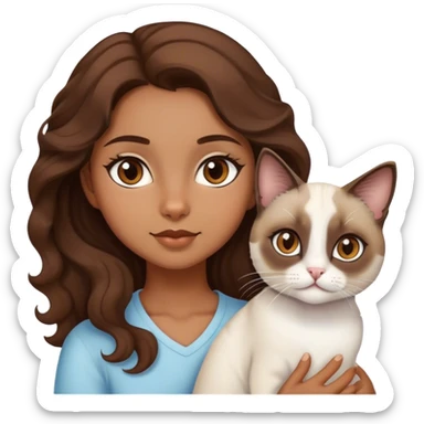 brown girl, brown eyes, wavy hair and siamese cat and white cat sticker