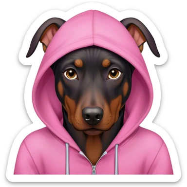A doberman in a pink hoodie sticker
