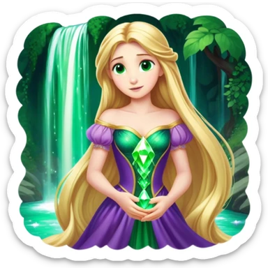 Cinematic Stunning Rapunzel Portrait Emoji, Golden hair cascading in a luminous waterfall, big emerald-green eyes full of wonder, wearing her iconic purple gown, radiating beauty and magic, glowing with fairy-tale charm! sticker