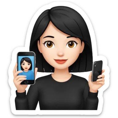 influencer girl black haired, phone in hand, recording herself, confident, trendy, sticker
