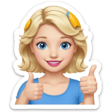 Girl Blonde short wavy hair,  blue eyes, cute blue top, long lashes, pink lips, smiling, 👍🏻 sticker