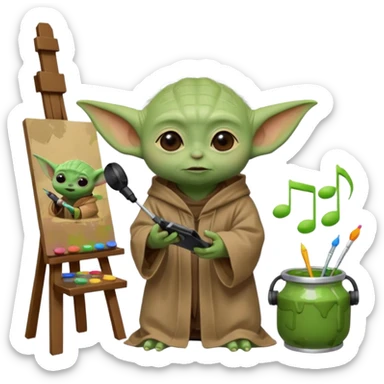 Baby Yoda in his brown robe listening music on his headphones, painting a picture on an easel and surrounded by paint pots. sticker