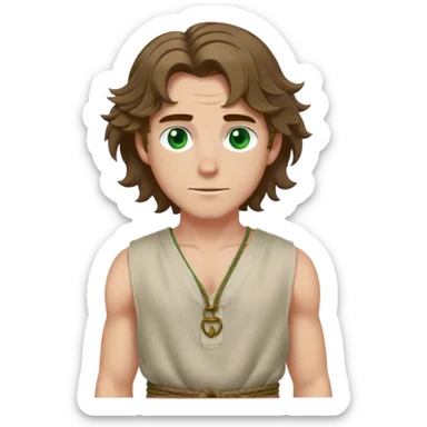 medieval summer outfit worn by a DnD themed fantasy male character. thin sleeveless linen tunic with a deep V-neck and a loosely tied rope belt. clothes only above the waist. The clothes full waist. The character's haven't arms. character is white-skinned, brown hair, green eyes, shoulder-length wavy hair. sticker
