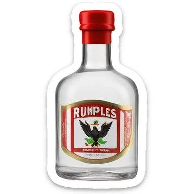 clear bottle of rumpleminze clear peppermint schnapps alcohol with a black label that has a red border and red font and the label also has a small gold eagle on the label that says “rumples” sticker